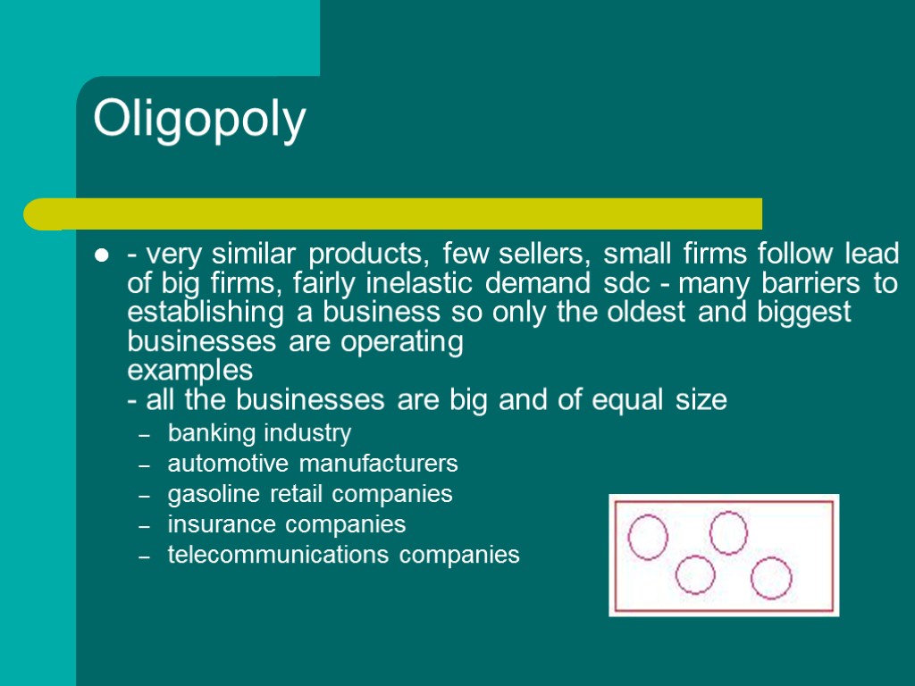 Oligopoly - very similar products, few sellers, small firms follow lead of big firms,